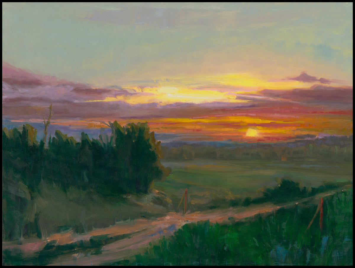 Impressionist oil painting of a dirt path at sunset. Rich green landscape under a vibrant yellow, orange, and purple sky.