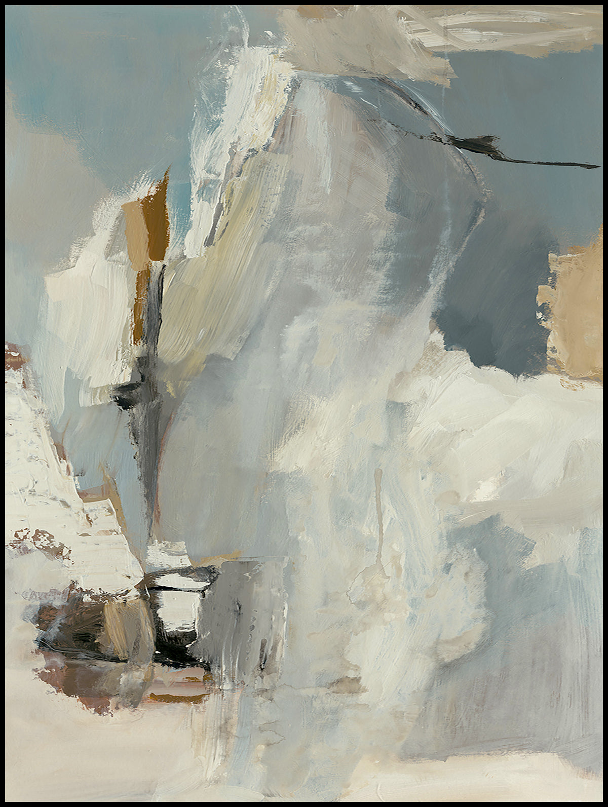 Abstract expressionist painting with moody blue, grey, and beige brushstrokes. Atmospheric, textured, and calm.
