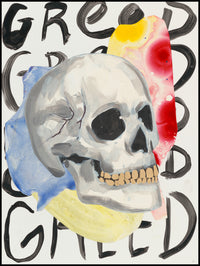 A grey skull layered over bright watercolor shapes and repetitive, messy black script on a white background. Moody art.