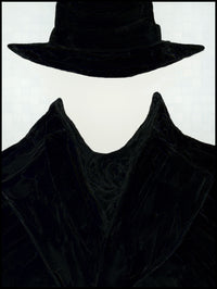 Minimalist art of a black hat and coat collar floating against a textured white background; mysterious, moody style.