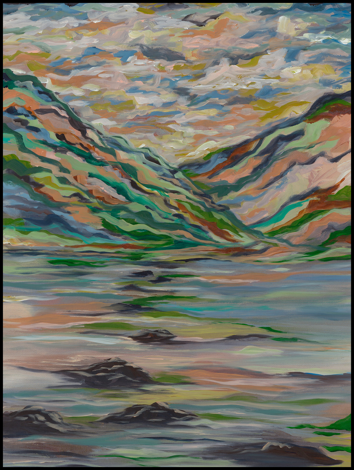 Impressionist landscape of mountains and water in a muted palette of green, blue, and terracotta. Dreamy, painterly style.