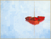Three red boats float on a calm, tiled-texture pale blue sea. Minimalist, serene art with bright red and cool blue tones.